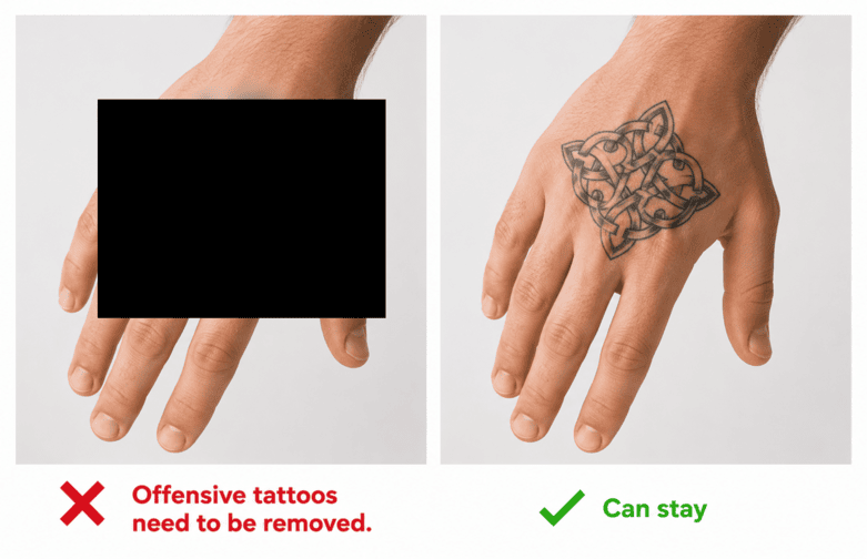 British Army offensive tattoo policy example showing blacked out unacceptable tattoo next to an acceptable one
